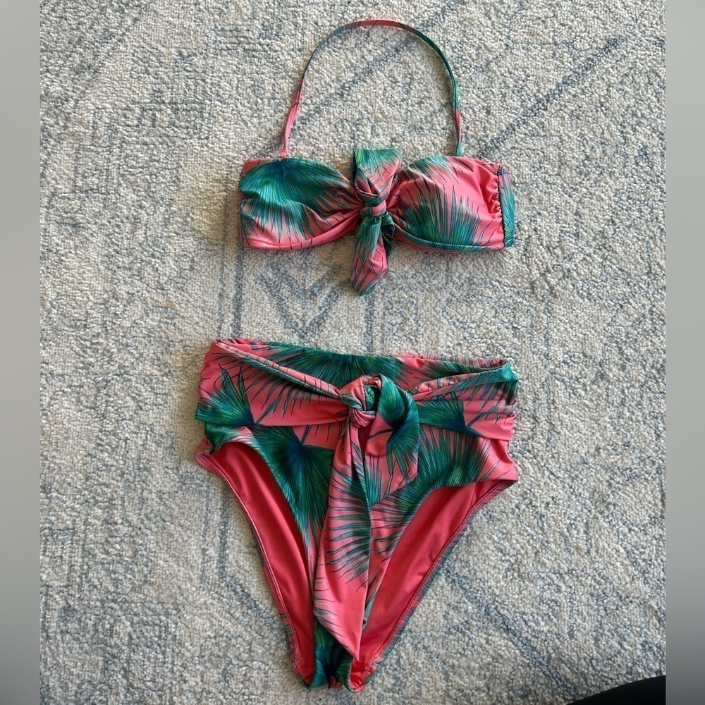 Victorias Secret 3 piece Swim Wear bikini Pink Palm Trees Small Top Large Bottom - Picture 2 of 9